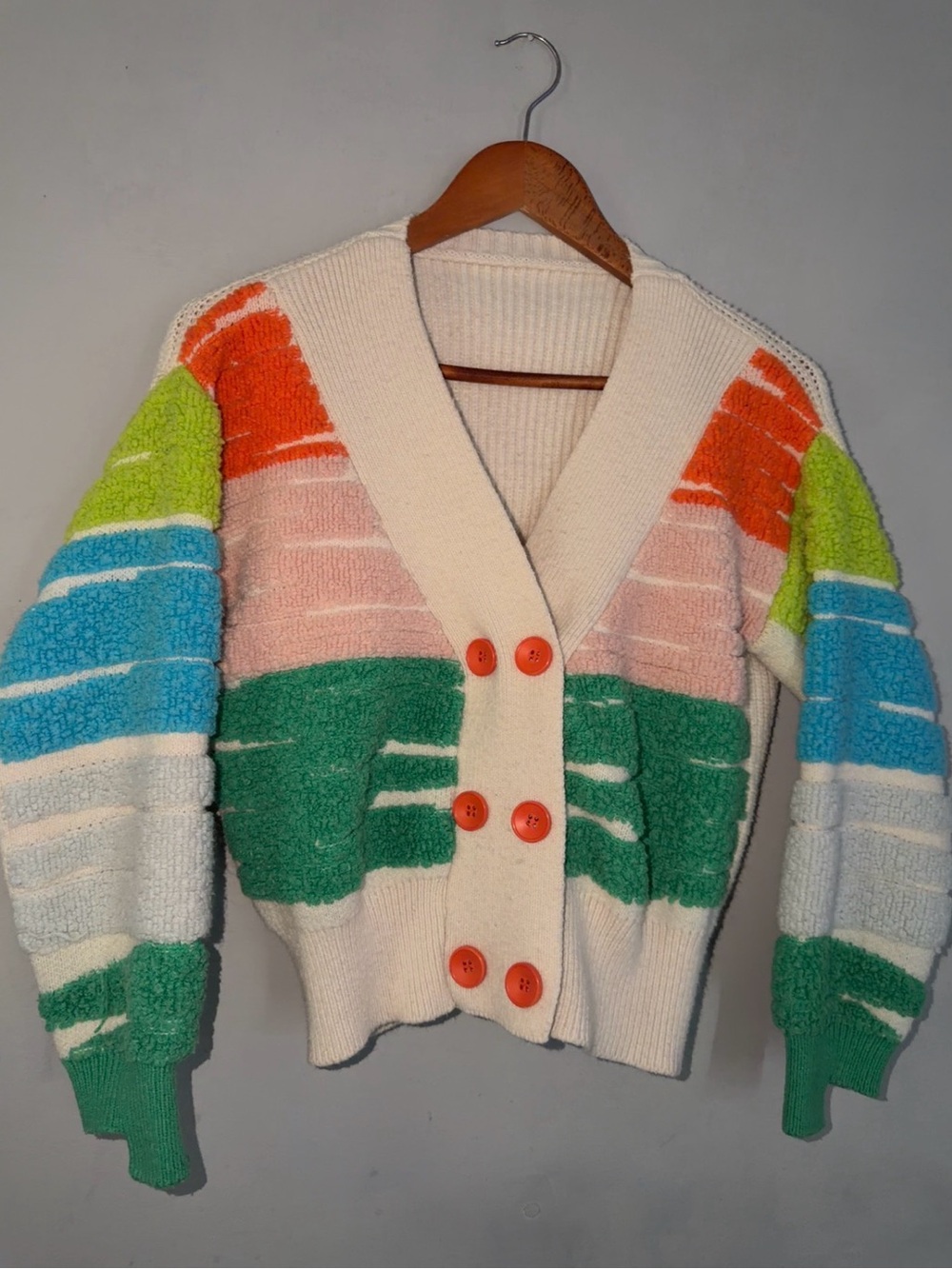 Colorblock Cream V-Neck Button-Up Cardigan with Multi-Color Panels